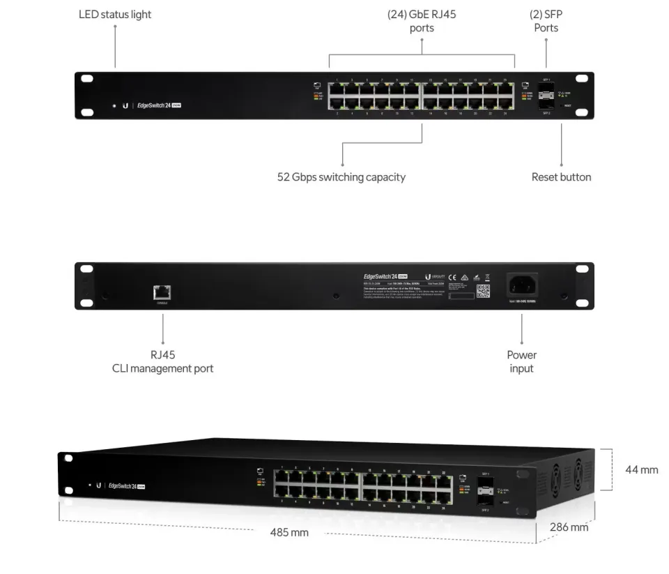 UBNT EdgeSwitch ES-24-250W [26Gbps, 250W, aktivní (802.3af/at) i pasivní (24V) PoE, 2xSFP, L2/L3]
