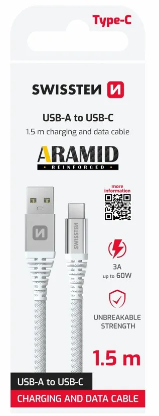 SWISSTEN DATOVÝ KABEL KEVLAR USB / USB-C 1,5 M BÍLÝ