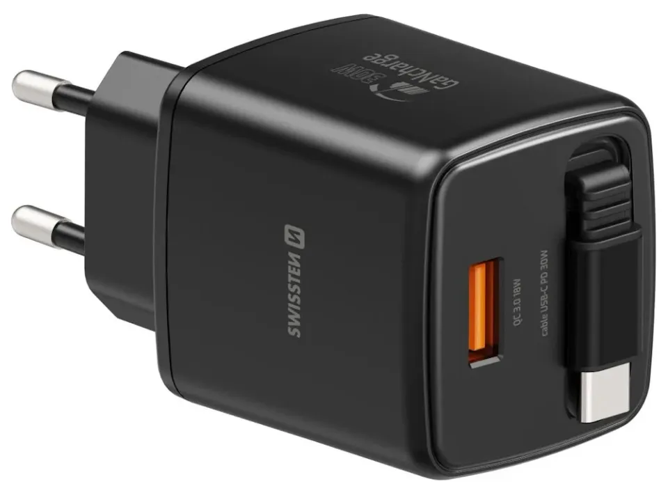 Swissten Síťový Adaptér Slidecharge GaN 30W, 1x USB-A 18W Se Zatahovacím USB-C Kabelem 0,75m Černý