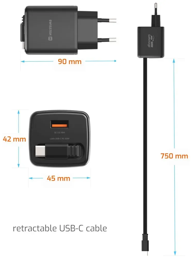Swissten Síťový Adaptér Slidecharge GaN 30W, 1x USB-A 18W Se Zatahovacím USB-C Kabelem 0,75m Černý