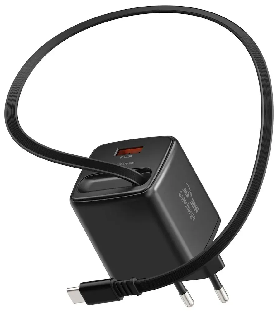 Swissten Síťový Adaptér Slidecharge GaN 30W, 1x USB-A 18W Se Zatahovacím USB-C Kabelem 0,75m Černý