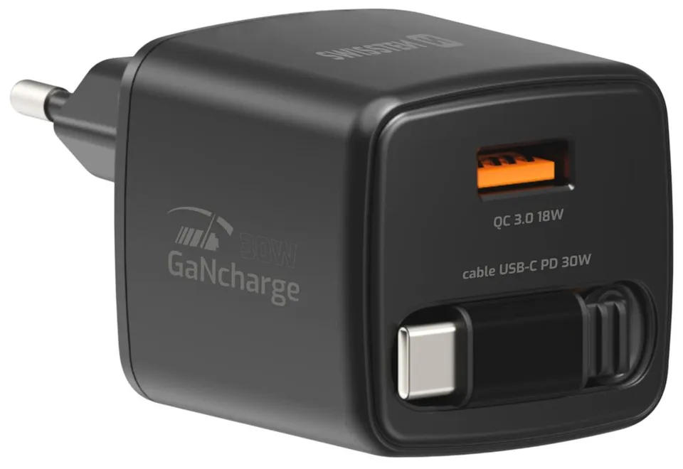 Swissten Síťový Adaptér Slidecharge GaN 30W, 1x USB-A 18W Se Zatahovacím USB-C Kabelem 0,75m Černý