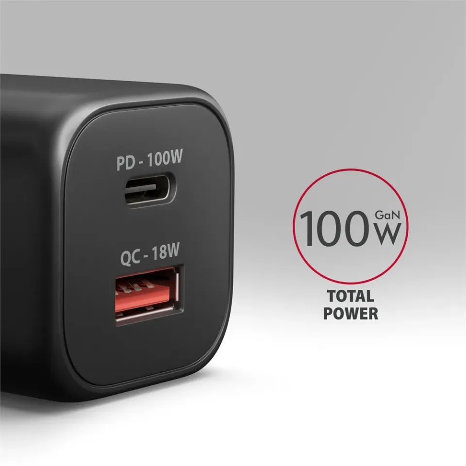 AXAGON ACU-PQ100, GaN nabíječka do sítě 100W, USB-A + USB-C, PD3.0/PPS/QC4+/SFC2.0/Apple, černá