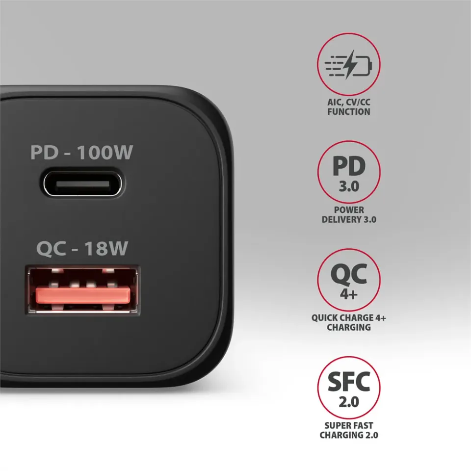 AXAGON ACU-PQ100, GaN nabíječka do sítě 100W, USB-A + USB-C, PD3.0/PPS/QC4+/SFC2.0/Apple, černá