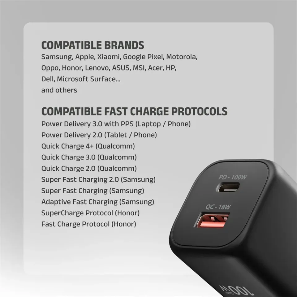 AXAGON ACU-PQ100, GaN nabíječka do sítě 100W, USB-A + USB-C, PD3.0/PPS/QC4+/SFC2.0/Apple, černá