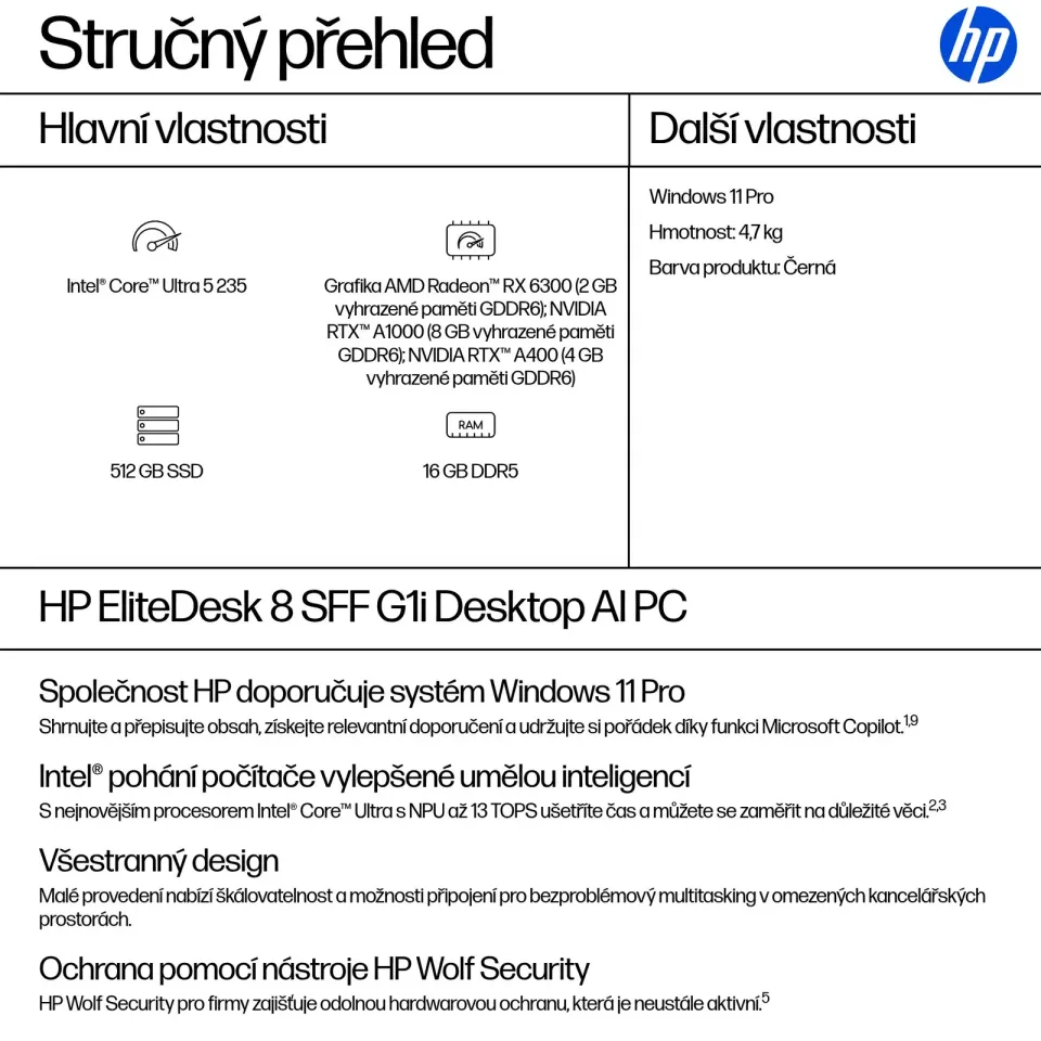 HP PC EliteDesk 8 SFF G1i AI, Ultra 5 235, 1x16GB, 512GB,UHD (Arc) 3Xe LPG,kl. a myš, 280W platinum, 2xDP+HDMI,Win11Pro