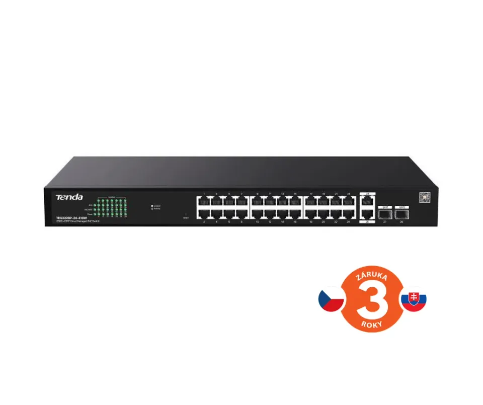 Tenda TEG2228P-24-410W Gigabit PoE+ Websmart L2 Cloud switch 370W, 24x 1Gb/s PoE+,2xRJ45,2xSFP, Rack