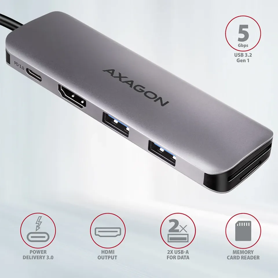 AXAGON HMC-5 SUPERSPEED USB-C combo 5in1 hub, stříbrná
