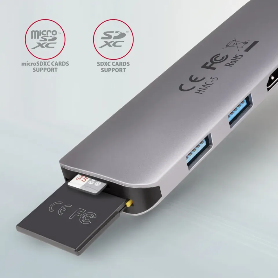 AXAGON HMC-5 SUPERSPEED USB-C combo 5in1 hub, stříbrná