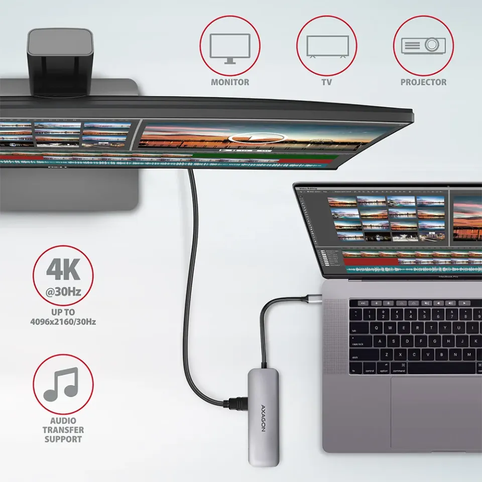 AXAGON HMC-5 SUPERSPEED USB-C combo 5in1 hub, stříbrná