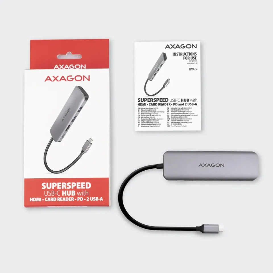 AXAGON HMC-5 SUPERSPEED USB-C combo 5in1 hub, stříbrná