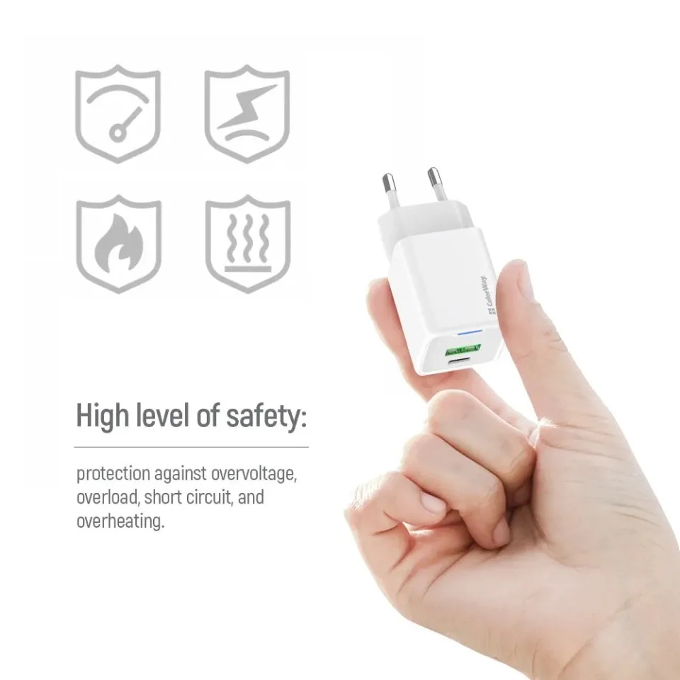 COLORWAY 1x USB-C/ 1x USB-A/ síťová nabíječka/ GaN/ PD/ PPS/ 20W/ Bílá + 1x USB-C kabel
