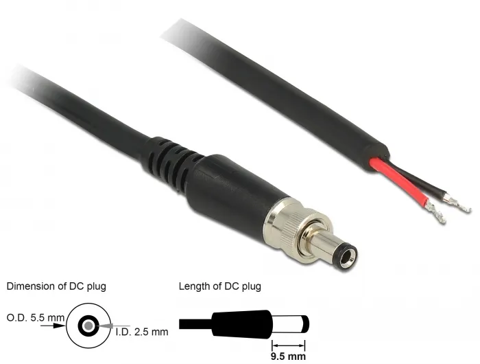 Delock Napájecí kabel DC 5,5 x 2,5 x 9,5 mm šroubovací s odhalenými konci drátů