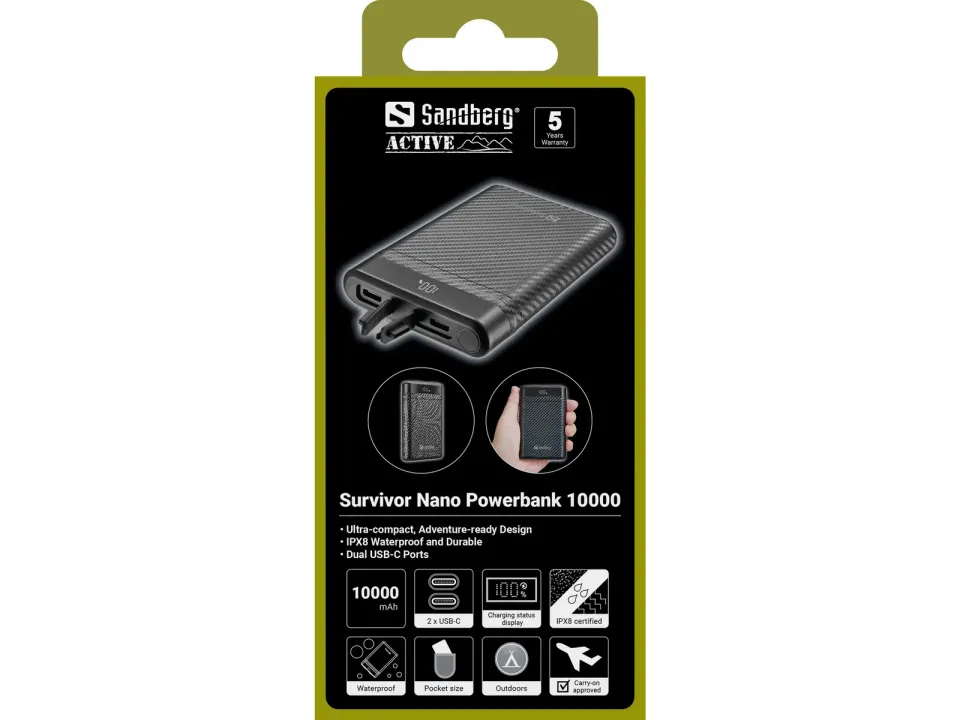 Sandberg Survivor Nano Powerbank 10000 mAh, outdoorová powerbanka s USB-C PD, černá