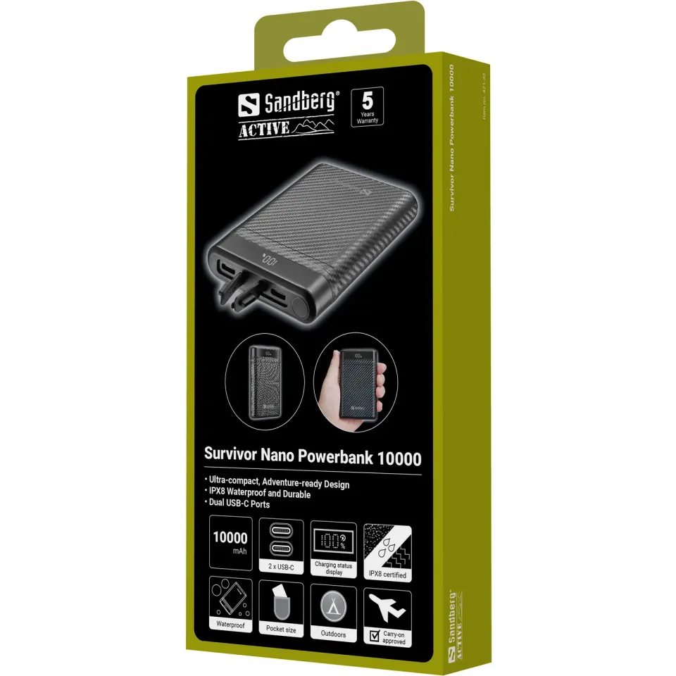 Sandberg Survivor Nano Powerbank 10000 mAh, outdoorová powerbanka s USB-C PD, černá