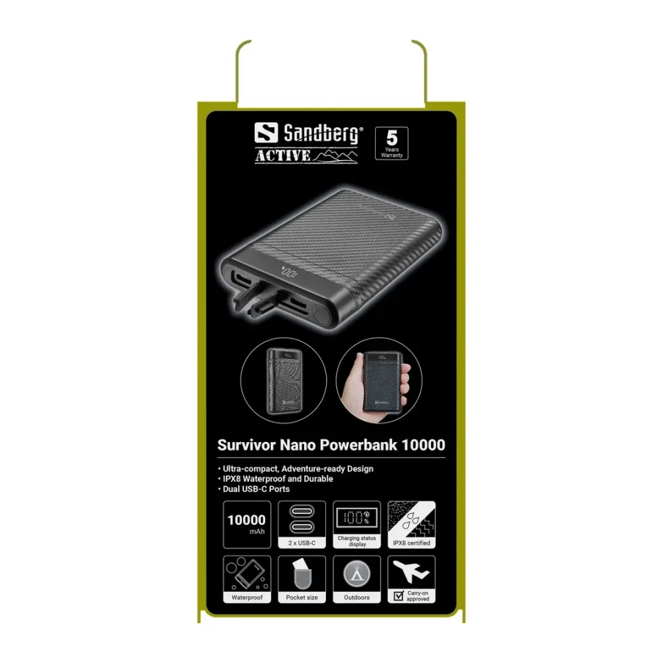 Sandberg Survivor Nano Powerbank 10000 mAh, outdoorová powerbanka s USB-C PD, černá