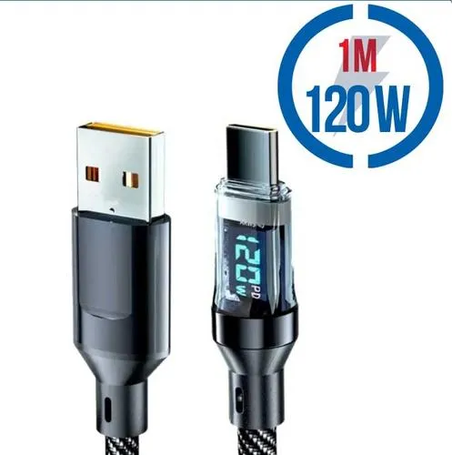 MEGATECH kabel USB A-C propojovací s displejem, 120W, 1.0m, černý