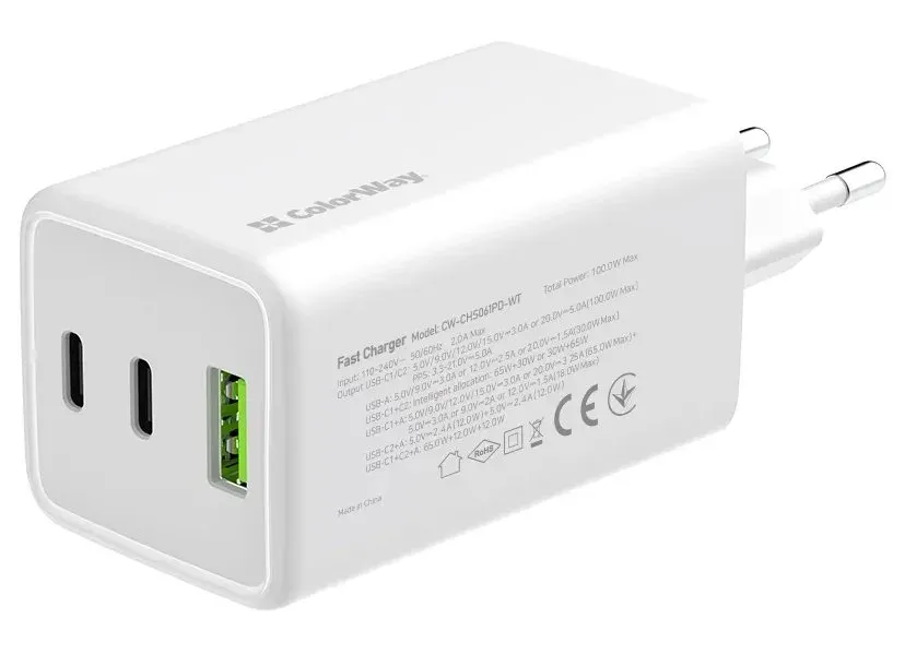COLORWAY 2x USB-C, 1x USB-A/ síťová nabíječka/ GaN/ PD/ PPS/ 100W/ Bílá