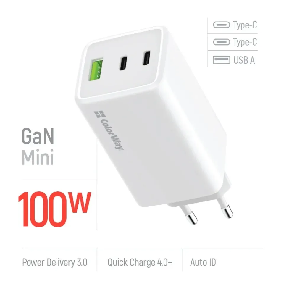 COLORWAY 2x USB-C, 1x USB-A/ síťová nabíječka/ GaN/ PD/ PPS/ 100W/ Bílá