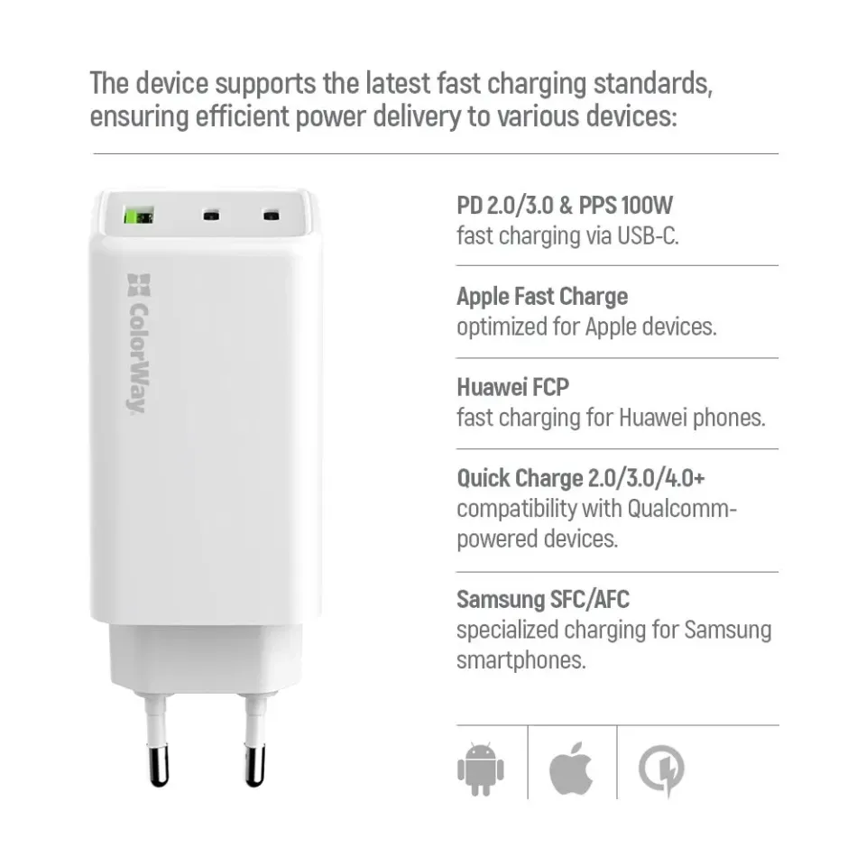 COLORWAY 2x USB-C, 1x USB-A/ síťová nabíječka/ GaN/ PD/ PPS/ 100W/ Bílá