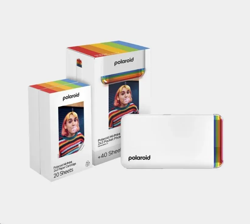 Bazar – Polaroid Hi·Print 2x3 Gen 2 E-box bílý – kapesní fototiskárna + 2 kazety (40 fotek), poškozený obal