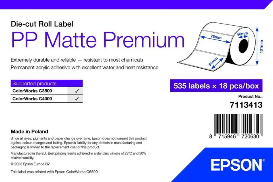 PP Matte Label Premium, 76mm x 51mm, 535 Labels
