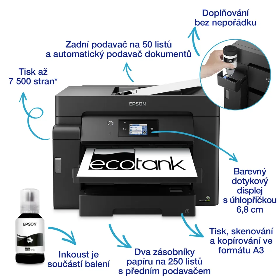 EPSON M15140 ECOTANK - A3+/25ppm/USB/Ethernet/Wi-Fi Direct/LCD displej/ADF/Duple