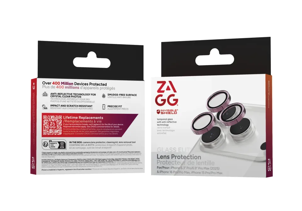 ZAGG Ochranná čočka pro Apple iPhone 17 Pro/Pro Max/16 Pro/Pro Max/15 Pro/Pro Max - růžová třpytka