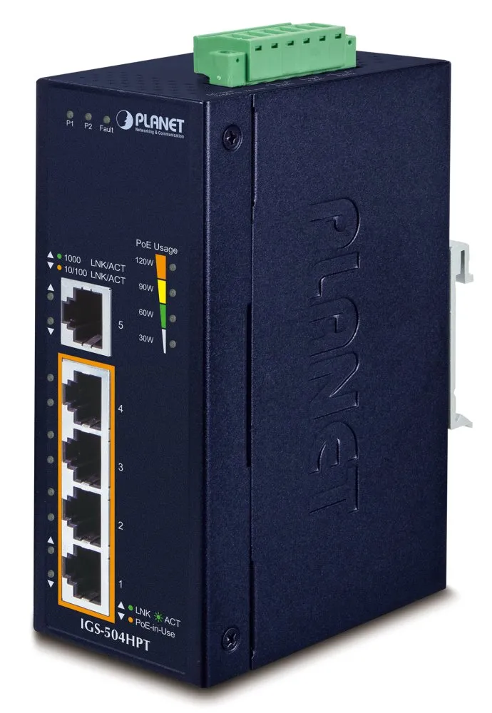 Planet Průmyslový PoE switch, 5x1Gb, 4x PoE 802.3at 36/120W, -40až75°C, dual 12-56VDC, IP40, fanless