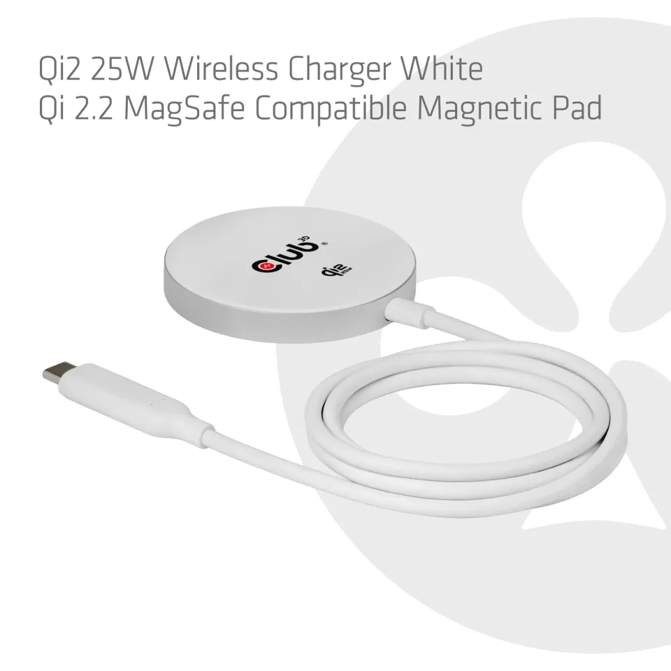 Club3D Bezdrátová nabíječka, 1x Qi2 25W, MagSafe, Qi certifikováno, bílá