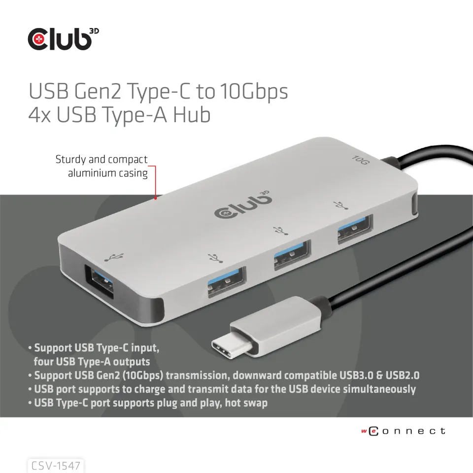 Club3D hub USB-C Gen2 na 10Gbps 4x USB Type-A Hub