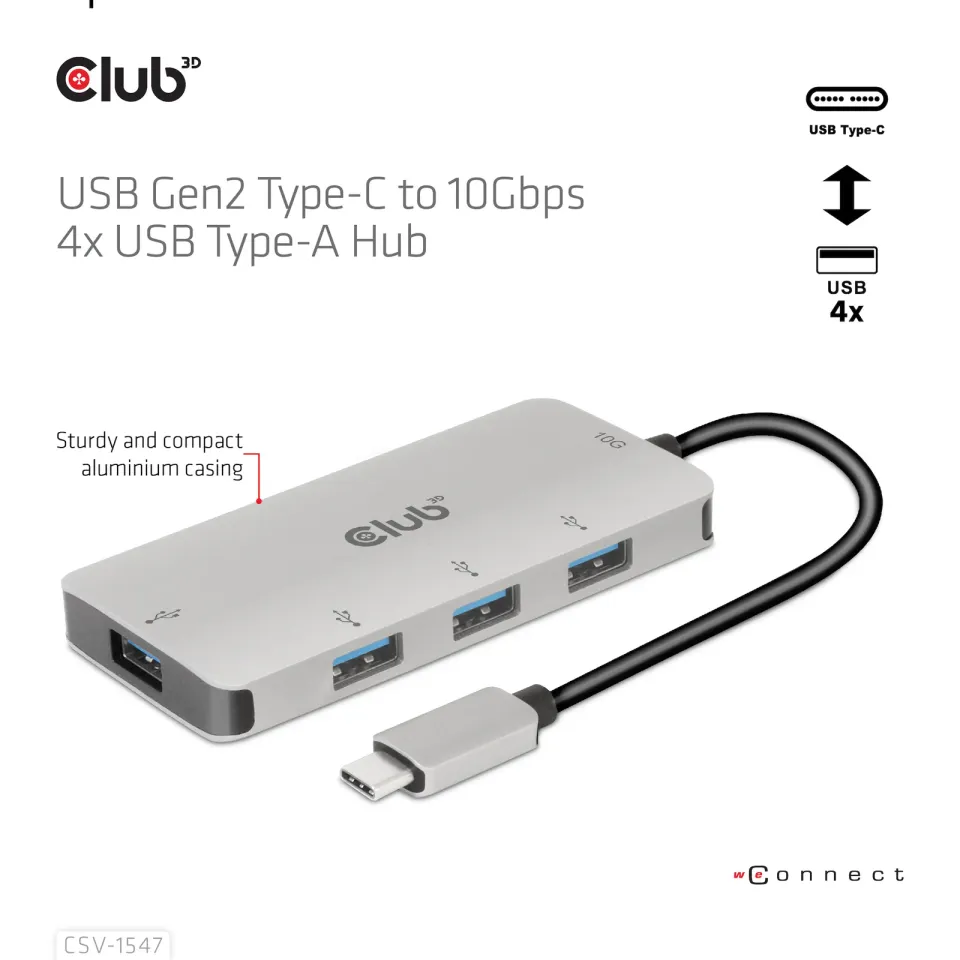 Club3D hub USB-C Gen2 na 10Gbps 4x USB Type-A Hub