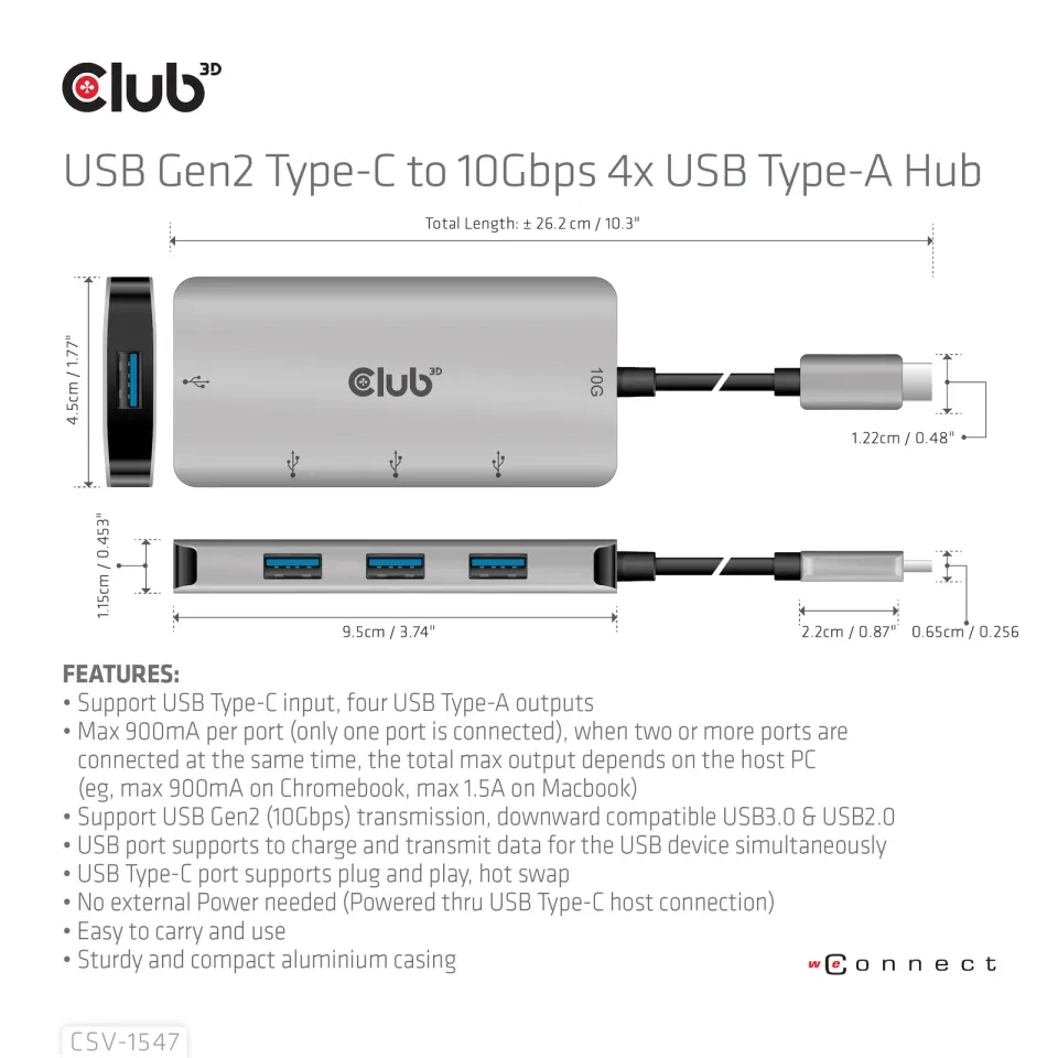 Club3D hub USB-C Gen2 na 10Gbps 4x USB Type-A Hub