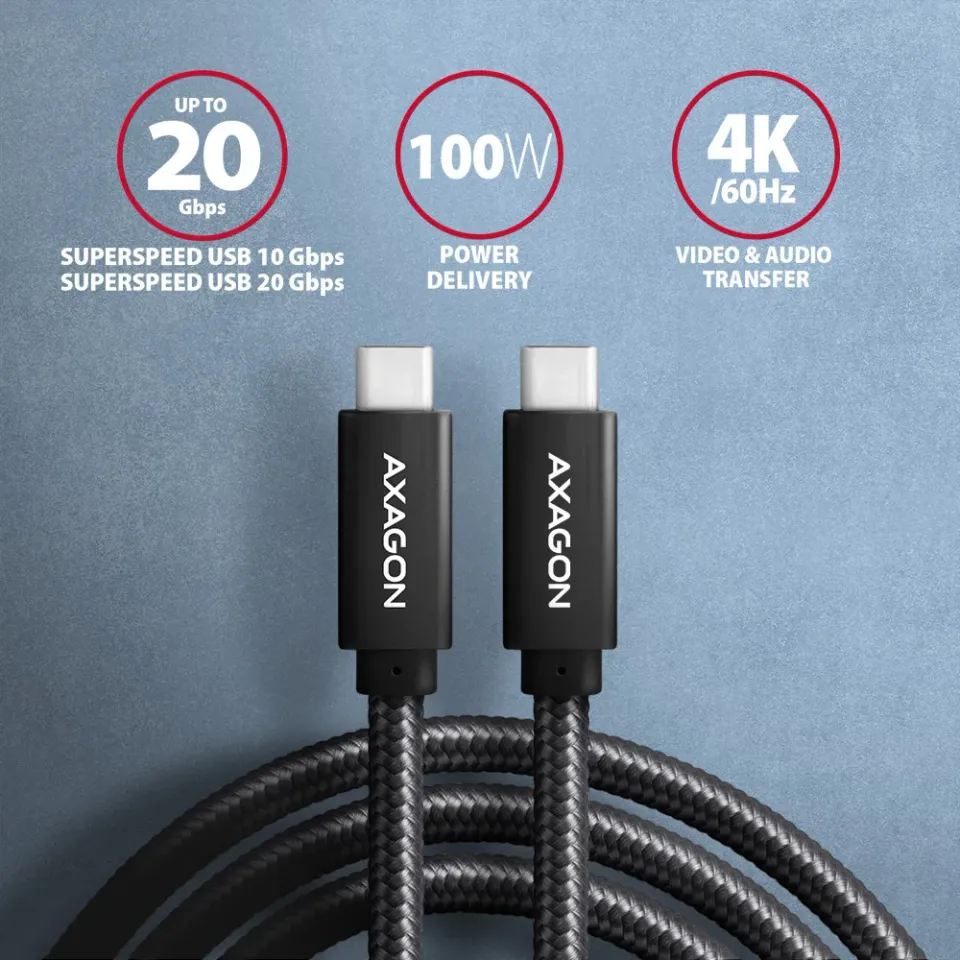AXAGON BUCM32-CM05AB, SPEED+ kabel USB-C <-> USB-C, 0.5m, USB 20Gbps, PD 100W 5A