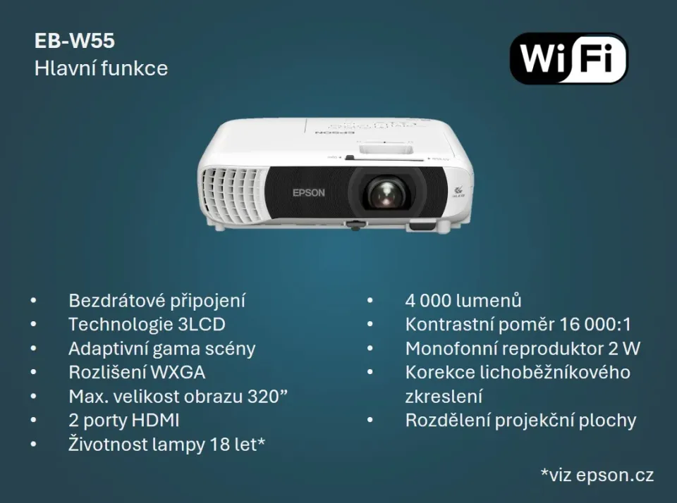 EPSON 3LCD/3chip projektor EB-W55 1280x800 WXGA/4000 ANSI/16000:1/ 2xHDMI/USB/2W