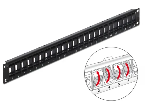 Delock 19” Keystone Patch Panel 24 Portů naklápěcích černý (43340)