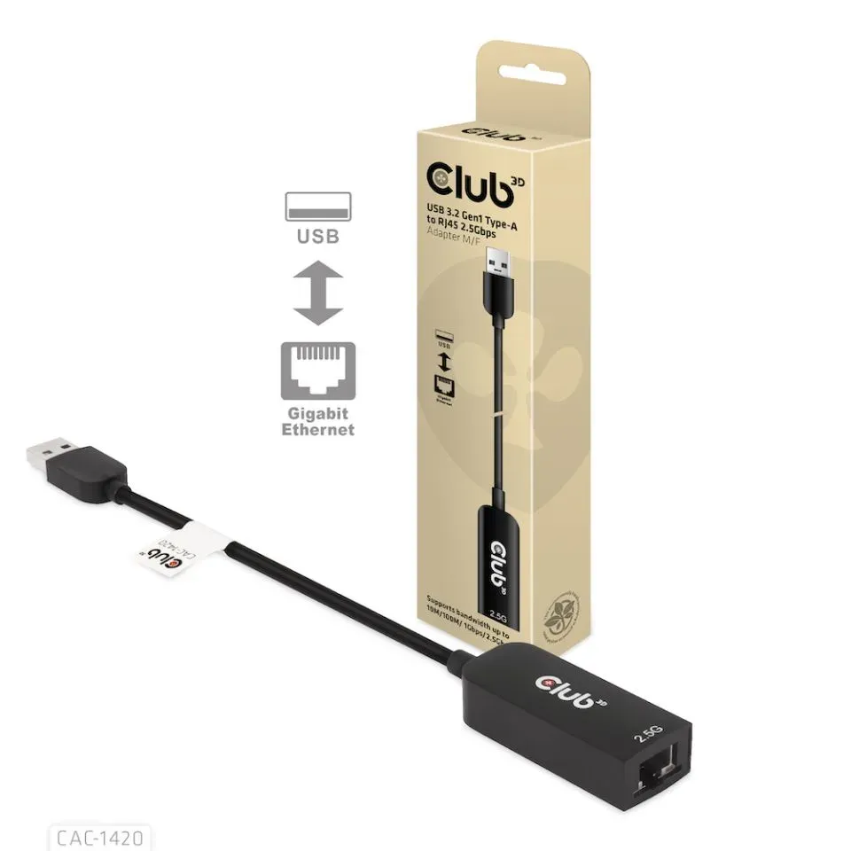 Club3D Adaptér USB 3.2 Gen 1 Typ A na RJ45 2.5Gb, 24cm