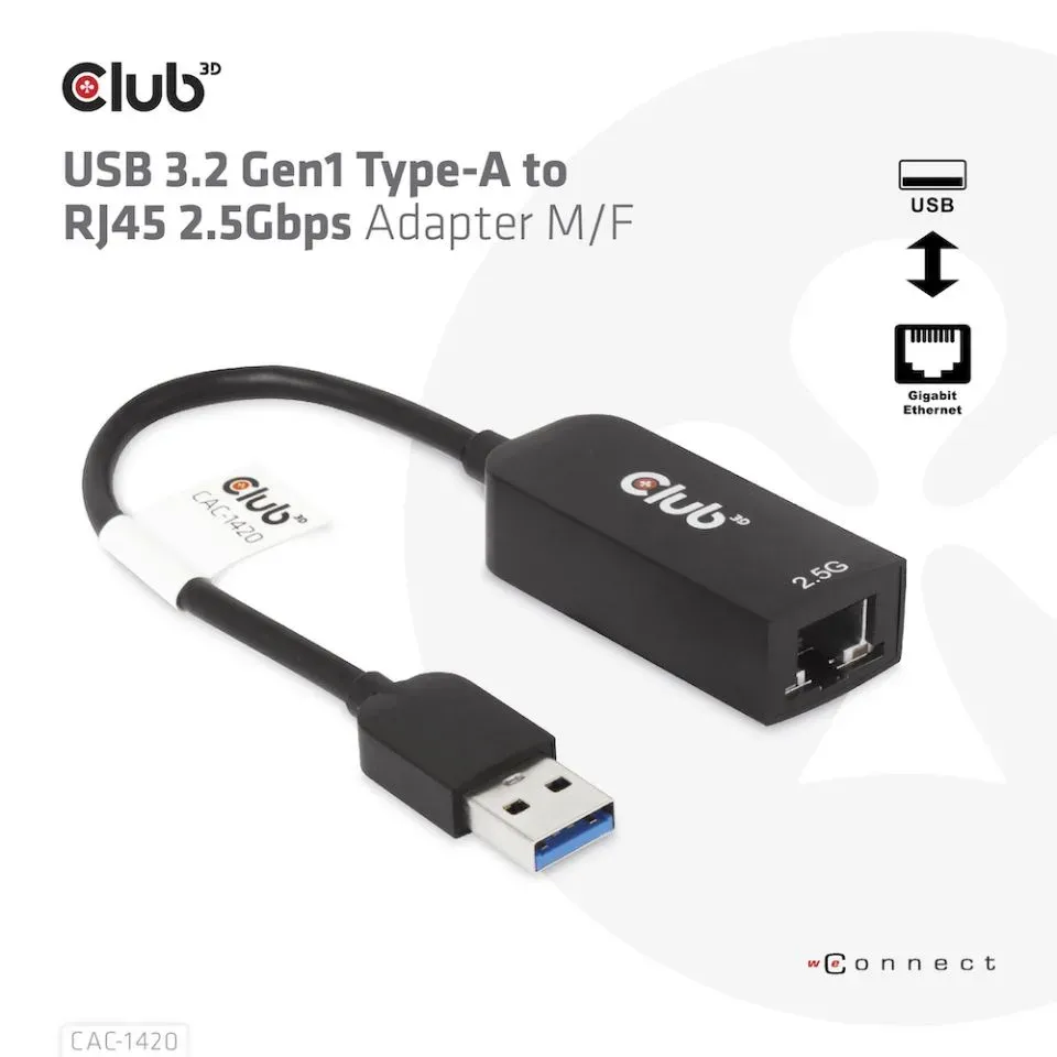 Club3D Adaptér USB 3.2 Gen 1 Typ A na RJ45 2.5Gb, 24cm
