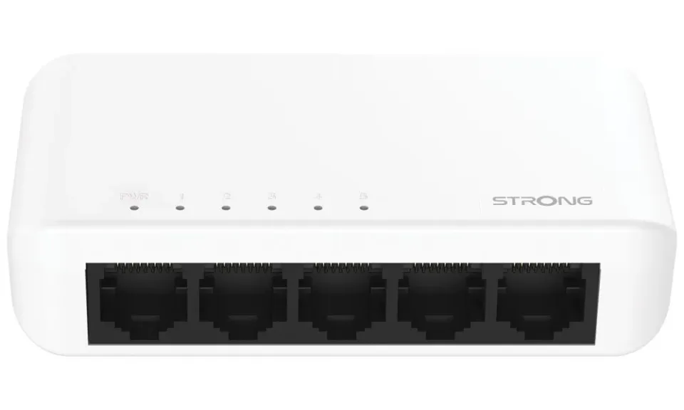 STRONG switch SW5000P/ 5x port Gigabit RJ45/ 10/100/1000 Mb/s/ 10 Gb/s/ 802.3i/u/ab/ plastové šasi/ bílý