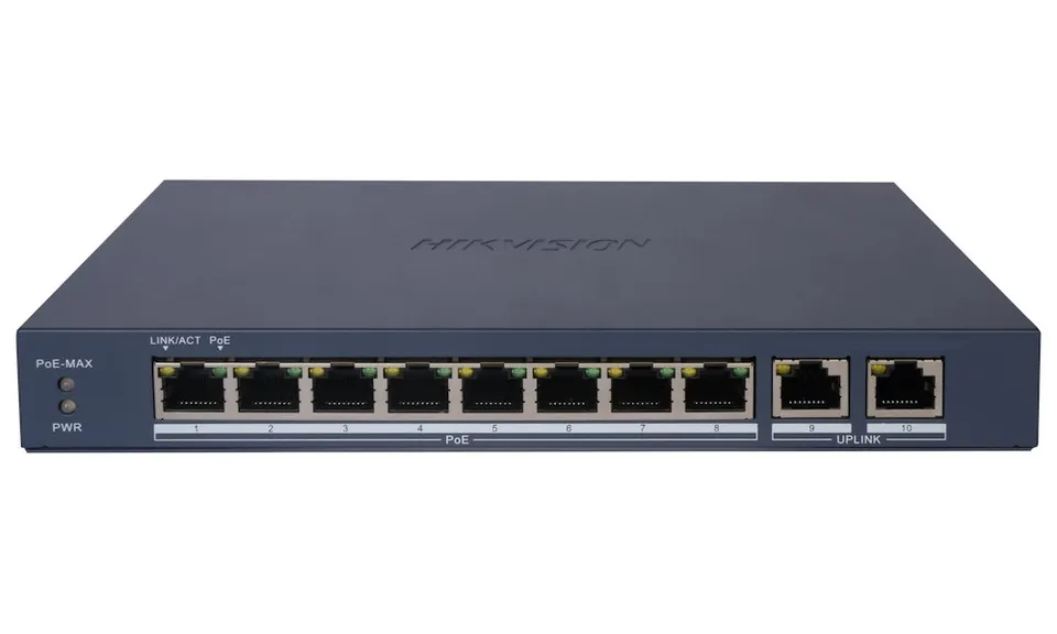 Hikvision DS-3E1510P-EI/M(B) - Smart managed switch 8x Gb PoE + 2x Gb Uplink RJ-45, 80W, Super PoE - dosah až 300m