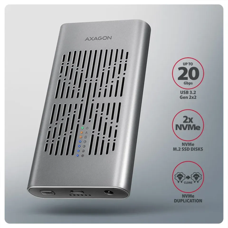 AXAGON EEM2-20GD, USB-C 20Gbps externí box pro dva M.2 NVMe SSD s funkcí klonová