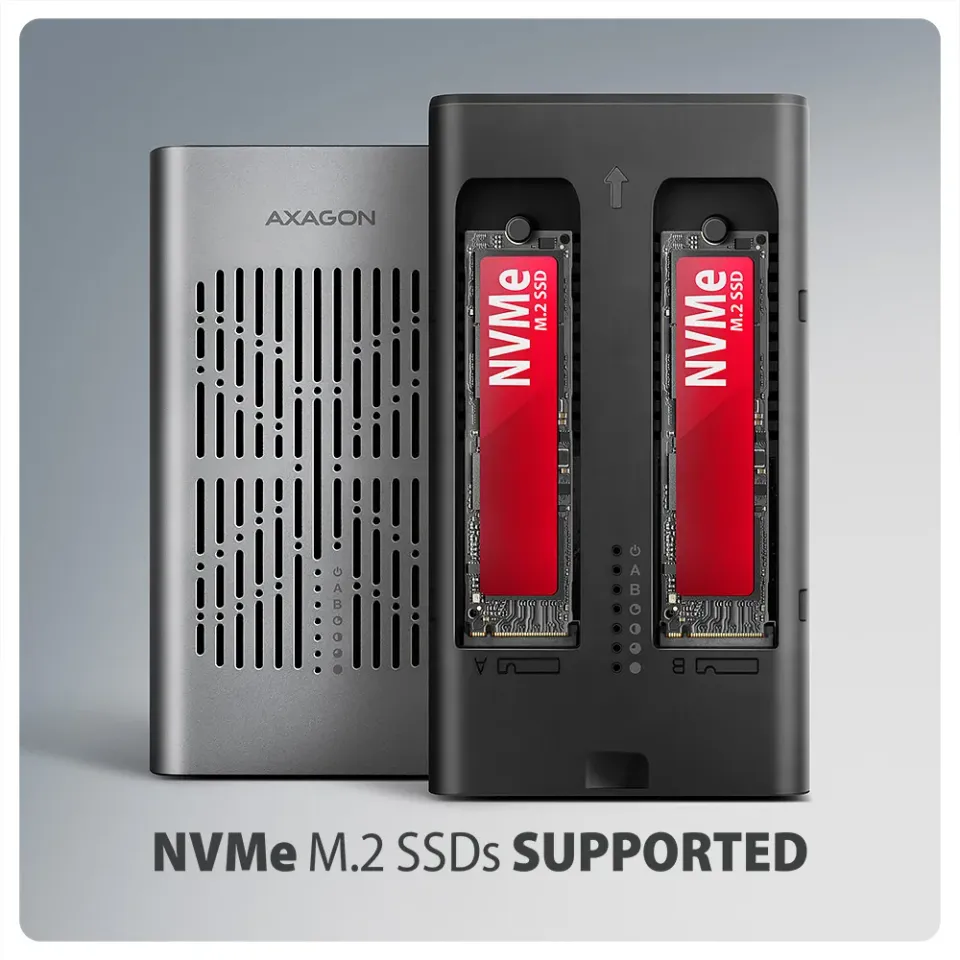 AXAGON EEM2-20GD, USB-C 20Gbps externí box pro dva M.2 NVMe SSD s funkcí klonová