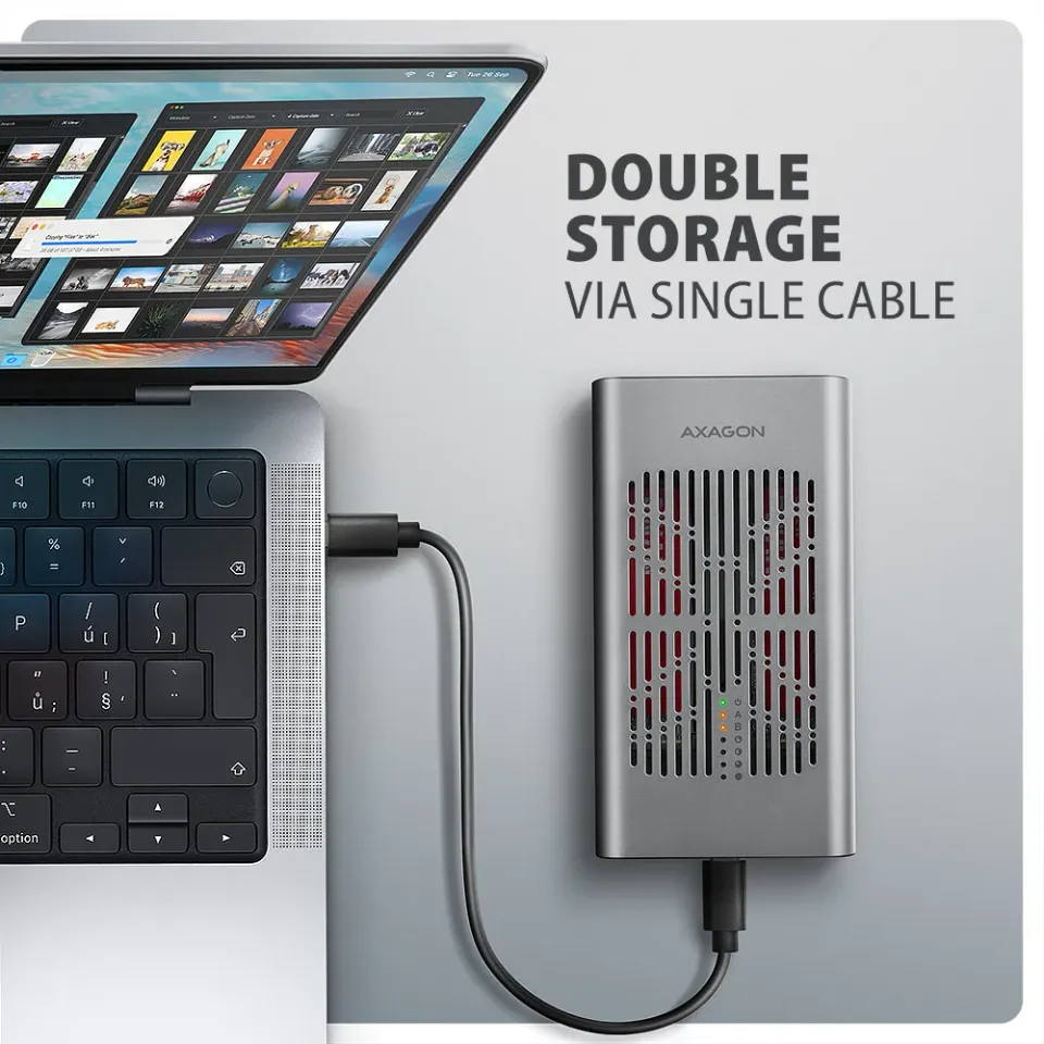 AXAGON EEM2-20GD, USB-C 20Gbps externí box pro dva M.2 NVMe SSD s funkcí klonová