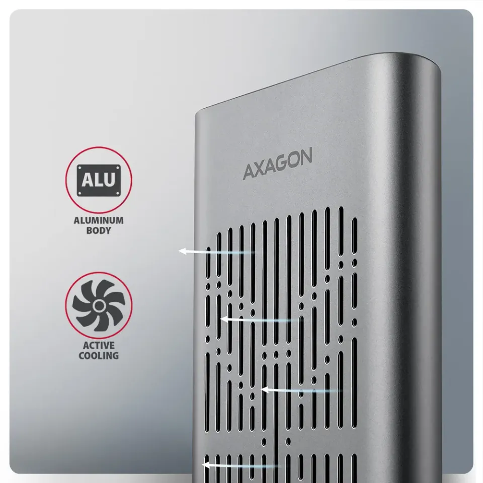 AXAGON EEM2-20GD, USB-C 20Gbps externí box pro dva M.2 NVMe SSD s funkcí klonová