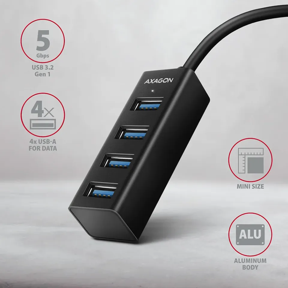 AXAGON HUE-M1C, 4x USB 3.2 Gen 1 MINI hub, kovový, kabel USB-C 20cm
