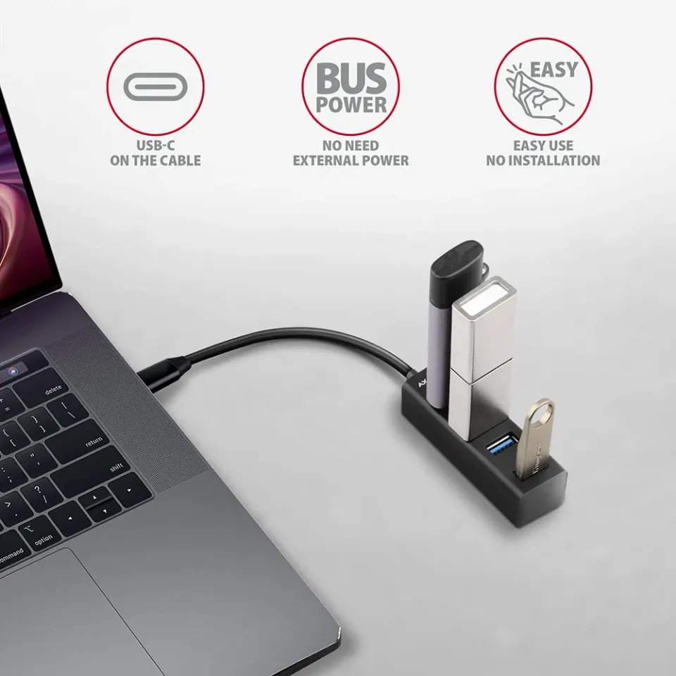 AXAGON HUE-M1C, 4x USB 3.2 Gen 1 MINI hub, kovový, kabel USB-C 20cm