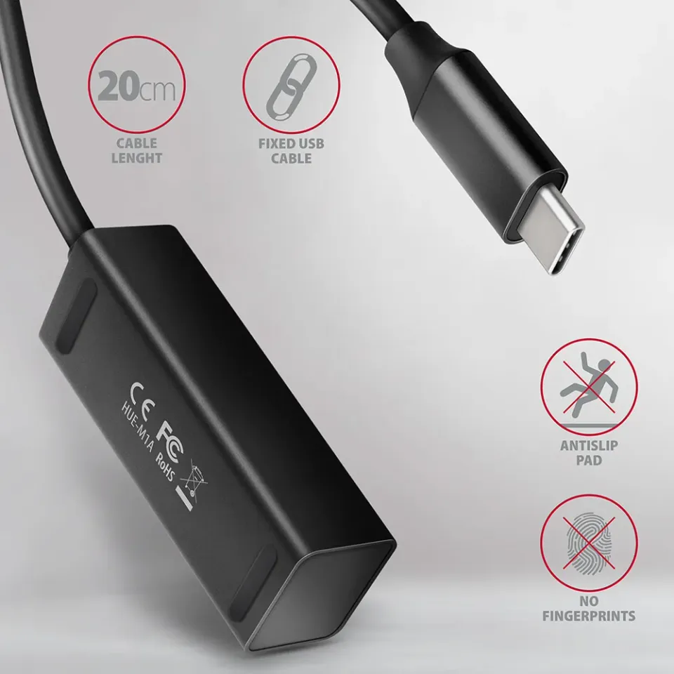 AXAGON HUE-M1C, 4x USB 3.2 Gen 1 MINI hub, kovový, kabel USB-C 20cm