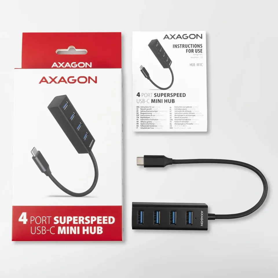 AXAGON HUE-M1C, 4x USB 3.2 Gen 1 MINI hub, kovový, kabel USB-C 20cm