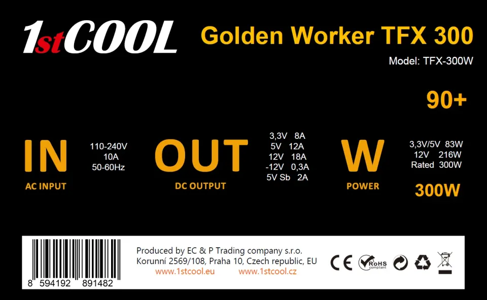 1stCOOL zdroj 300W GOLDEN WORKER TFX 300W 88+ s aktivnim PFC, ventilátor 80mm (zdroj do PC case)