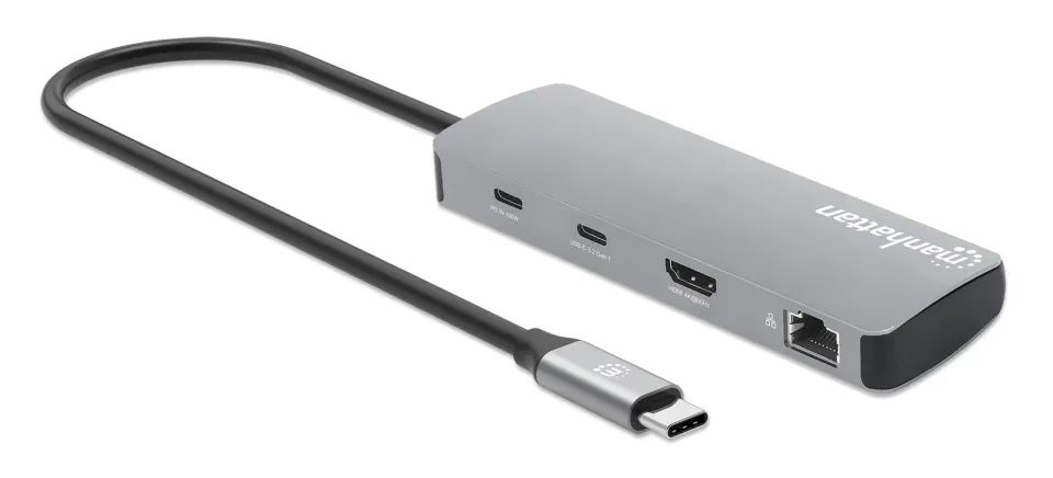 MANHATTAN Dokovací stanice USB-C 9v1, 1xHDMI, 2xUSB-C, 3xUSB, 1xRJ45, čtečka SD karet, šedá